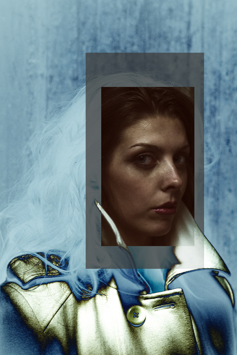 Portrait of woman with part of the image solarized creating layers of boxes with only her face normal.