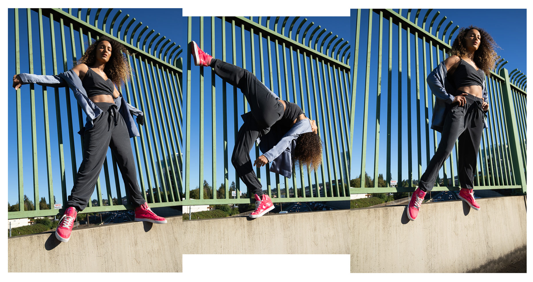 Lifestyle photography Portland - multiple photographs of woman on bridge in athletic clothing posing
