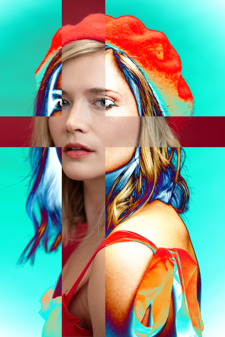 Portrait Photography of woman in red bonnet with blue background solarized.