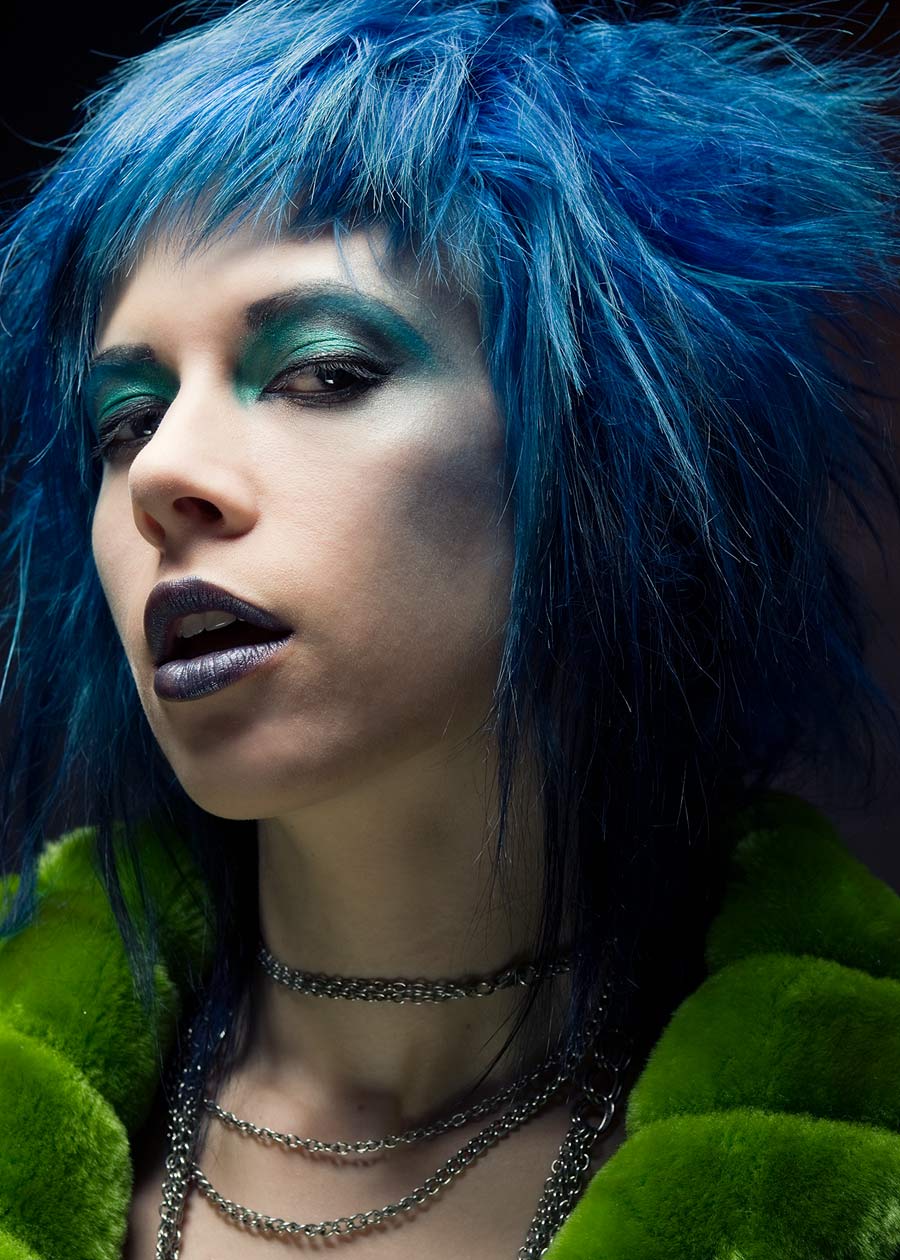 Portrait photography Portland - woman with blue hair wearing green jacket