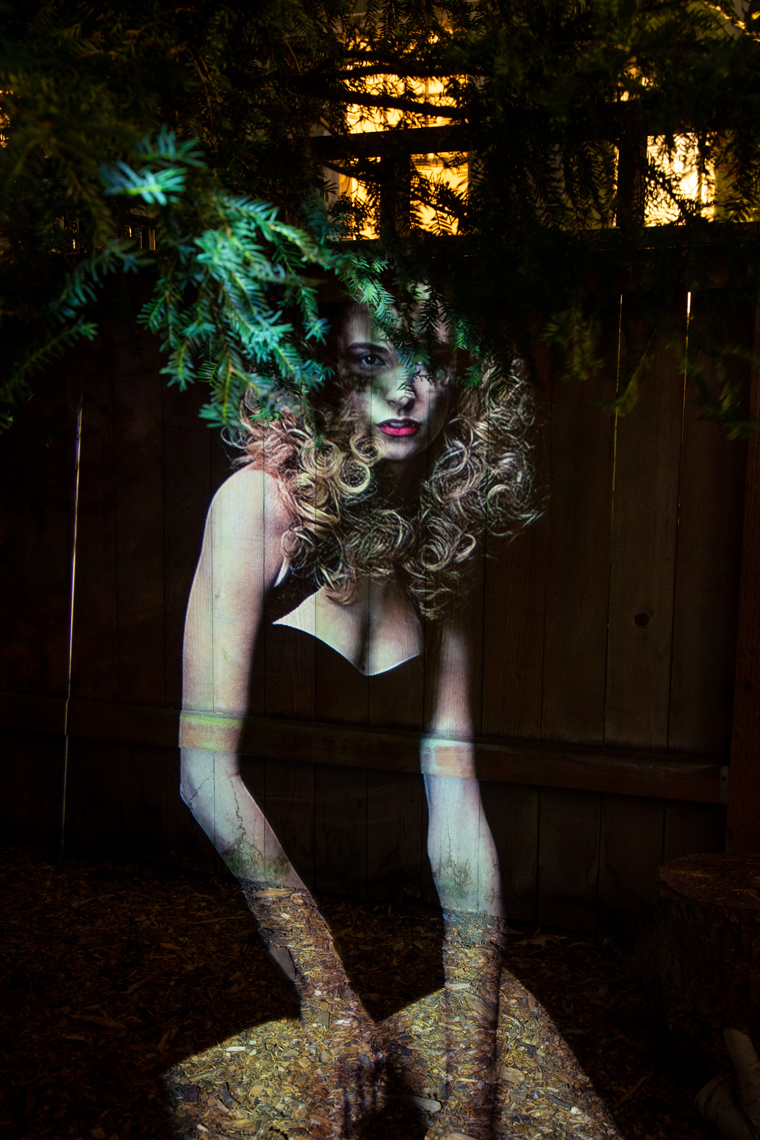 Photograph of a woman projected onto a fence and Yew tree at night.